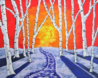 Vision Quest XXXIX (original acrylic painting) 8" x 10" by Mike Kraus - art birch aspen trees forest woods nature surreal red purple orange