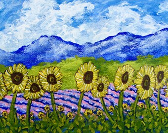 Sunflowers and Lavender In Provence (ORIGINAL ACRYLIC PAINTING) 5"x7" Mike Kraus - art french france