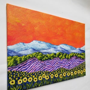 Sunflowers and Lavender In Provence France ORIGINAL ACRYLIC PAINTING 5 x 7 by Mike Kraus french art flowers europe clouds mountains image 5