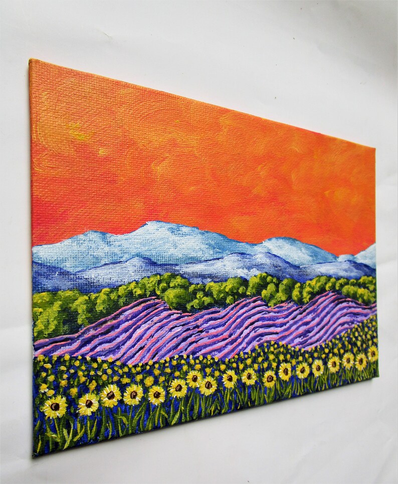 Sunflowers and Lavender In Provence France ORIGINAL ACRYLIC PAINTING 5 x 7 by Mike Kraus french art flowers europe clouds mountains image 5