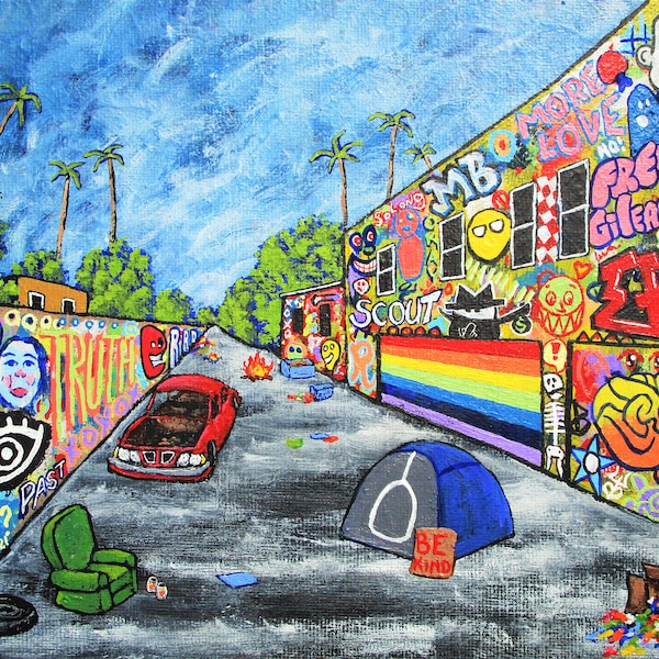 Los Angeles Alley (ORIGINAL ACRYLIC PAINTING) 8" x 10" by Mike Kraus - art la california tags graffiti street gay pride month father's day