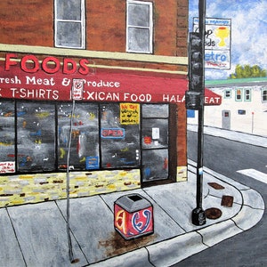 Peut inclure: Une peinture d'une petite épicerie avec une auvent rouge qui dit "JP FOODS Fresh Meat & Produce C MILK T-SHIRTS XICAN FOOD HALA". Il y a une poubelle devant le magasin et un panneau de rue qui dit "EAT".