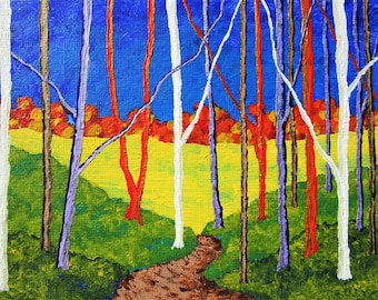 Twilight Woods (ORIGINAL ACRYLIC PAINTING) 5" x 7" by Mike Kraus - art gifts presents trees forest woods nature St. Patrick's Easter surreal