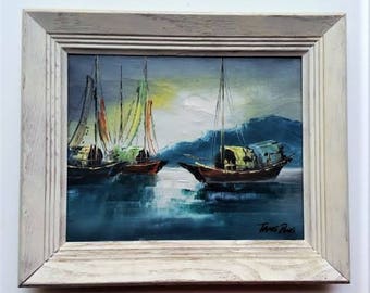 Three Boats In the Harbor (ORIGINAL OIL PAINTING) 8" x 10" in a white frame by Tang Ping