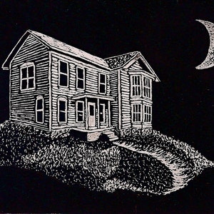 In Da Moonlight (ORIGINAL SCRATCHBOARD) 5" x 7" in a vintage frame by Mike Kraus - art houses homes night sky evening easter mother's day