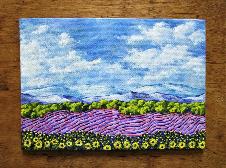 Sunflowers and Lavender In Provence France ORIGINAL ACRYLIC PAINTING 5 x 7 by Mike Kraus french art valentine's day wife girlfriends image 6