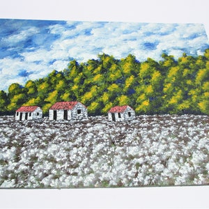 May include: A painting of a rural landscape with three white houses with red roofs in a field of white cotton. The houses are in front of a line of green trees with yellow accents. The sky is blue with white clouds.