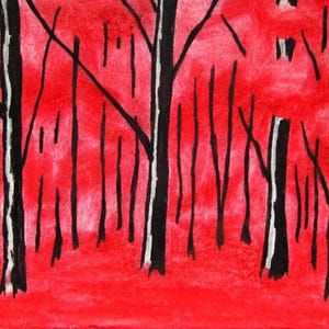Twilight Woods #574 (ARTIST TRADING CARDS) 2,5" x 3,5" por Mike Kraus - aceo atc árvores florestas natureza caminhadas caminhadas bordos vermelhos colecionáveis