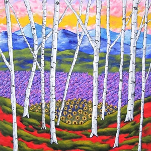 May include: A painting of a forest with white birch trees featuring dark eye-like markings. The foreground has red and green ground, leading to a field of yellow sunflowers and purple lavender. In the distance are blue mountains under a sunset sky.