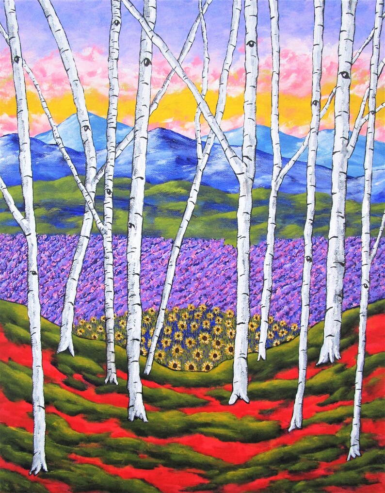 May include: A painting of a forest with white birch trees featuring dark eye-like markings. The foreground has red and green ground, leading to a field of yellow sunflowers and purple lavender. In the distance are blue mountains under a sunset sky.