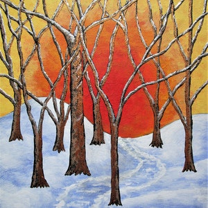 Vinterglöd (ORIGINAL DIGITAL NEDLADDNING) av Mike Kraus - träd skog natur påsk soluppgång solnedgång snö vinter is röd gul vit kul