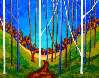 Twilight Woods (ORIGINAL DIGITAL DOWNLOAD) by Mike Kraus - art trees red orange yellow blue forest woods nature hikes hiking trails paths