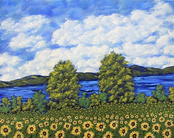 Canandaigua Sunflowers (ORIGINAL ACRYLIC PAINTING) 8" x 10" by Mike Kraus- art finger lakes upstate ny new york seascape landscape beach flx