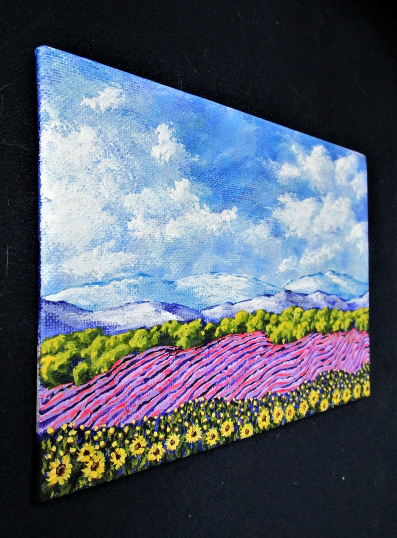 Sunflowers and Lavender In Provence France ORIGINAL ACRYLIC PAINTING 5 x 7 by Mike Kraus french art valentine's day wife girlfriends image 4