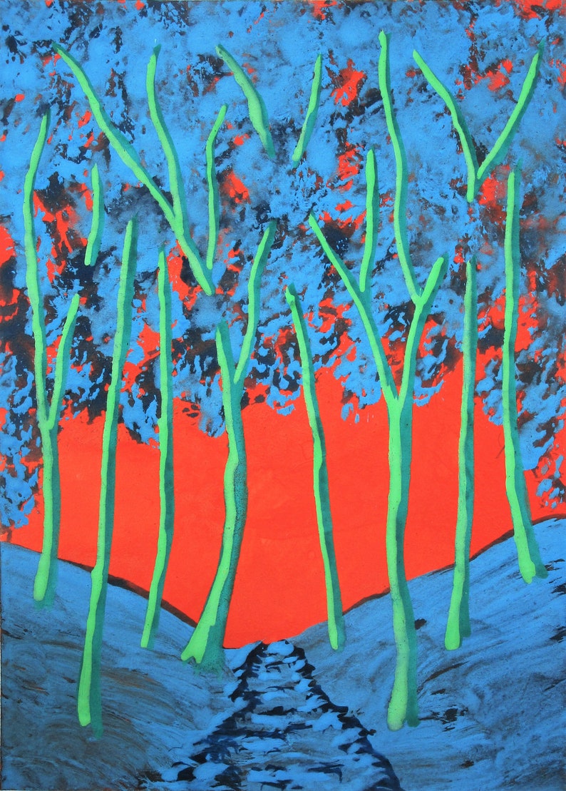 May include: Abstract painting depicting a forest scene with tall, thin, green trees against a bright orange background. The trees are painted with a textured, brushstroke effect. The background is a solid orange colour.