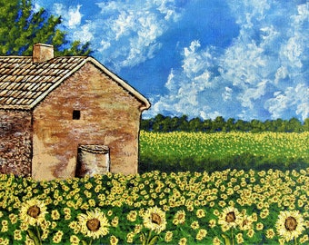 Sunflowers In Provence France (ORIGINAL DIGITAL DOWNLOAD) by Mike Kraus - landscape french art farm barn field clouds nature fun beautiful