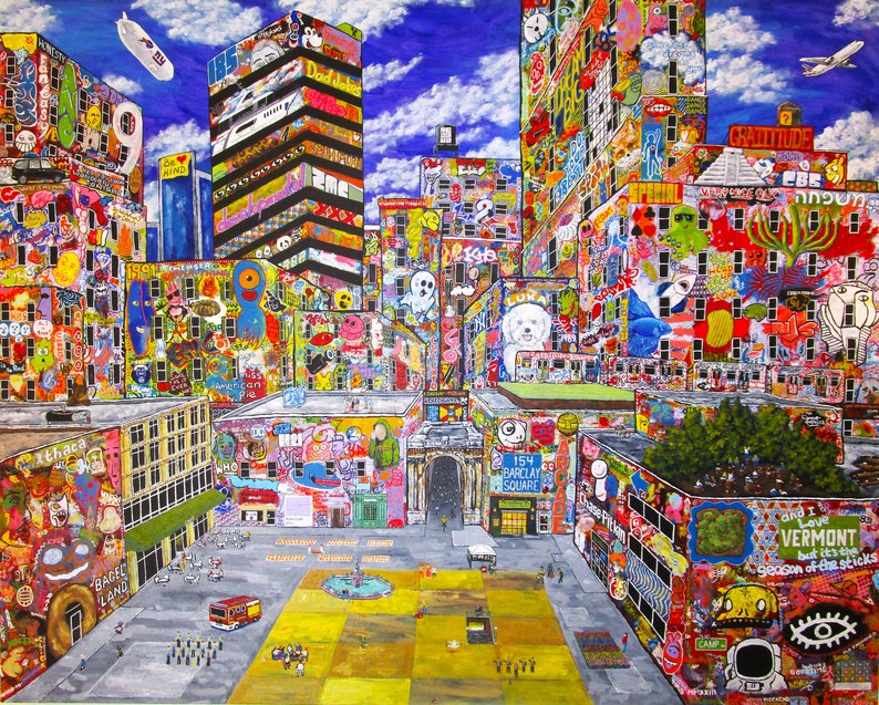 May include: A vibrant, multi-colored painting of a dense city square covered in layers of graffiti, stickers, and street art. The scene features tall buildings, a central plaza with a fountain, a red fire truck, and a blue sky with clouds.