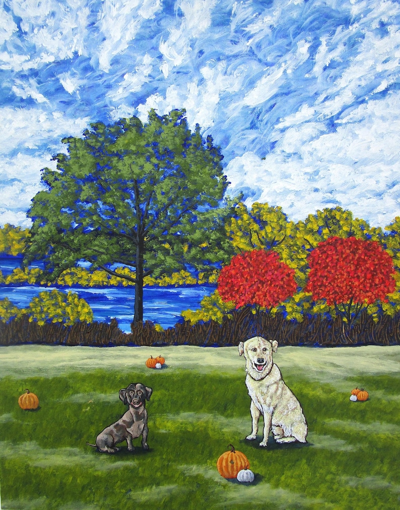 May include: An acrylic painting of a grassy field with a small dark brown dog and a larger cream-colored dog sitting near several orange pumpkins. In the background, a large green tree, two red-leafed trees, and a blue river under a cloudy sky.