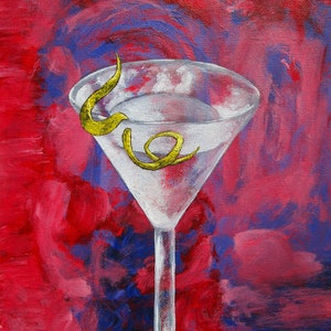May include: An acrylic painting of a clear martini glass filled with a transparent liquid, featuring a bright yellow lemon twist garnish resting on the rim. The background is a textured, abstract blend of vibrant red and deep blue brushstrokes.