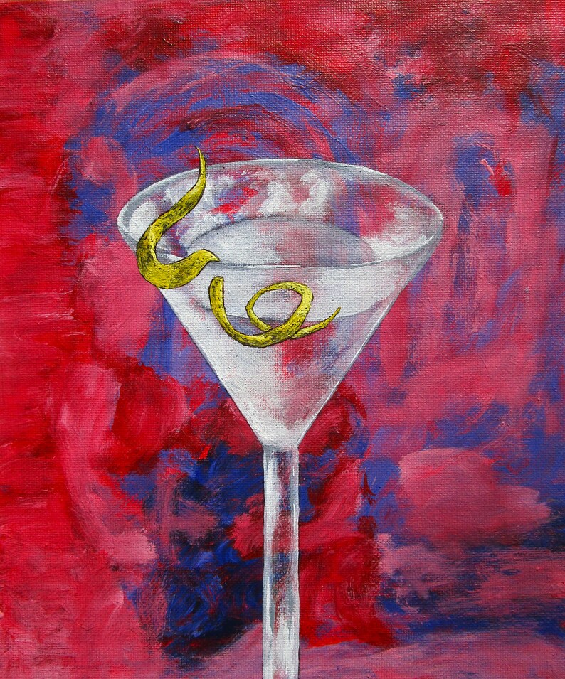 May include: An acrylic painting of a clear martini glass filled with a transparent liquid, featuring a bright yellow lemon twist garnish resting on the rim. The background is a textured, abstract blend of vibrant red and deep blue brushstrokes.