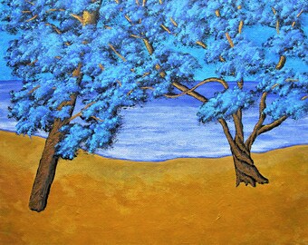 Magpie Trees (ORIGINAL ACRYLIC PAINTING) 8" x 10" by Mike Kraus - art forest woods nature lake ocean sea water beach blue tan landscape gold