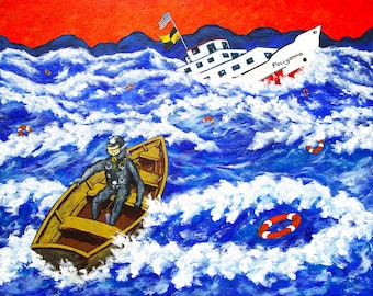 Maritime Alerts: Distress Signal Received (ORIGINAL ACRYLIC PAINTING) 16" x 20" by Mike Kraus - art boats ships oceans seas scuba diving wow