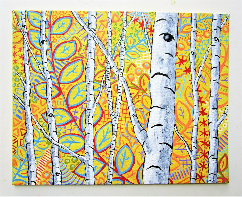 Sunset Sherbert Birch Forest ORIGINAL ACRYLIC PAINTING 8 x 10 by Mike Kraus art aspen great gifts trees forest woods nature yellow fun image 4