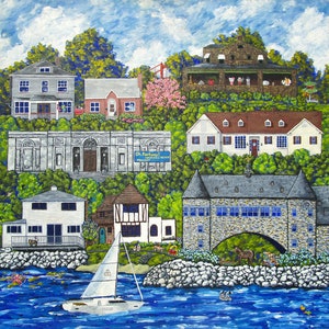 May include: An oil painting depicting a coastal landscape with various houses nestled in green trees. A white sailboat named Oscar floats on blue water in the foreground. A stone building with an archway and a blue sign reading Oh, Fortuna! are visible.