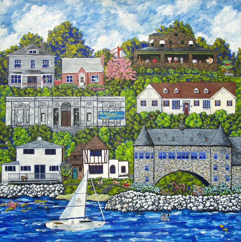 May include: An oil painting depicting a coastal landscape with various houses nestled in green trees. A white sailboat named Oscar floats on blue water in the foreground. A stone building with an archway and a blue sign reading Oh, Fortuna! are visible.
