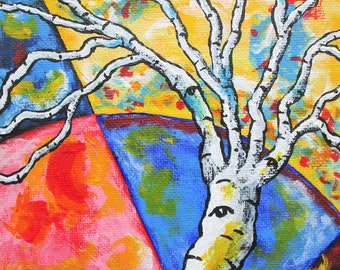 Drömmande björk (ORIGINALMÅLNING) 5x7 Mike Kraus - konst träd asp natur surrealistiskt sommar vår