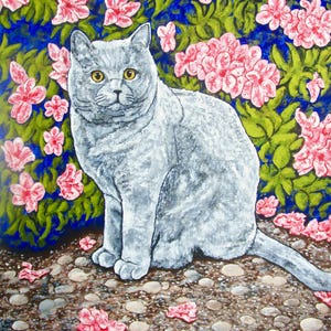 May include: A painting of a solid gray cat with yellow eyes sitting on a pebble-covered ground. The background features a dense green bush filled with vibrant pink flowers, with several fallen pink petals scattered across the ground.