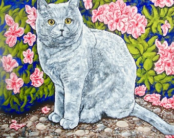 May include: A painting of a solid gray cat with yellow eyes sitting on a pebble-covered ground. The background features a dense green bush filled with vibrant pink flowers, with several fallen pink petals scattered across the ground.