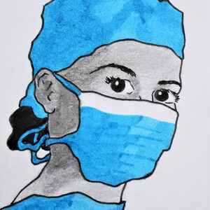 May include: A hand-drawn illustration of a person wearing a blue surgical cap and a blue surgical mask. The person's eyes are visible, and they are looking to the right.