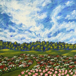 May include: A painting of a field of pink, white, and red flowers with a path leading through the center. The field is surrounded by a line of green trees and a blue sky with white clouds.