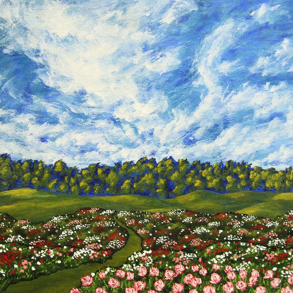 champ de pivoines (peinture acrylique originale) 20,3 cm x 25,4 cm par Mike Kraus - art pivoine crême Philadelphia Pennsylvanie Amérique