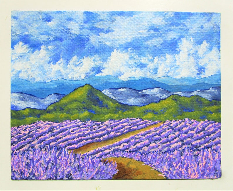 lavande en Provence peinture acrylique originale 20,3 cm x 25,4 cm par Mike Kraus-l'art fleurs France français l'été nuages ciel montagnes image 4