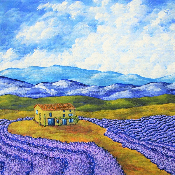 Lavender Farm (ORIGINAL ACRYLIC PAINTING) 8" x 10" by Mike Kraus - art provence france french flowers houses homes pride father's day gifts