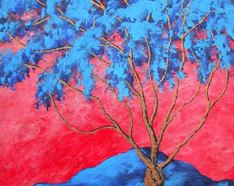 Twilight Woods (PAINTING) 8"x10" Mike Kraus - art gift present trees forests nature fred blue