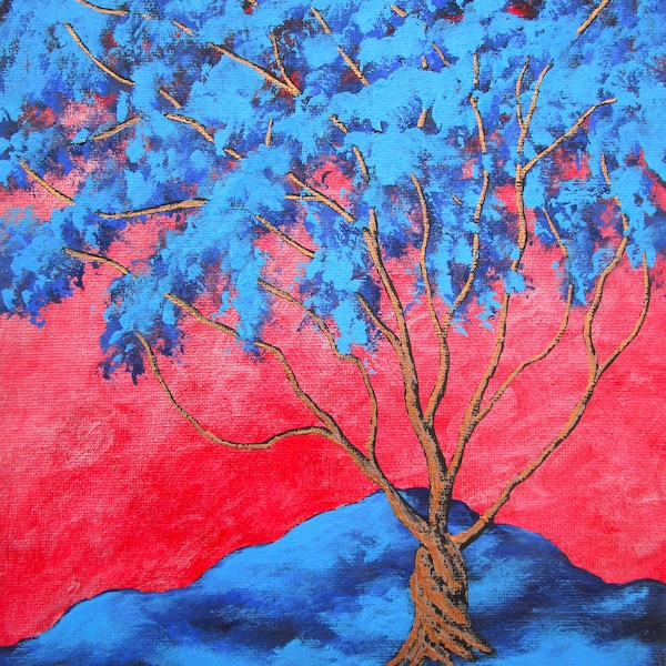Twilight Woods (MÅLNING) 8"x10" Mike Kraus - konstgåva present träd skogar natur fred blå