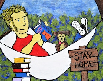 Stanna hemma (ORIGINAL AKRYLMÅLNING) 5x7 Mike Kraus - roliga hängmattor hundar utomhus spel tv