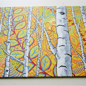 Sunset Sherbert Birch Forest ORIGINAL ACRYLIC PAINTING 8 x 10 by Mike Kraus art aspen great gifts trees forest woods nature yellow fun image 2