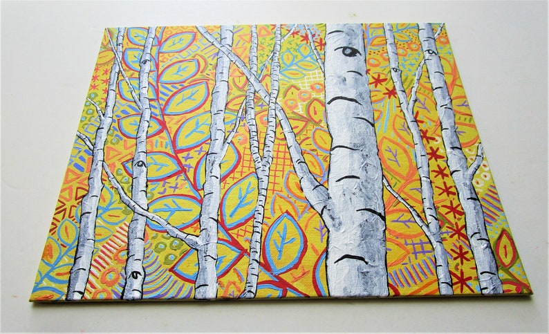 Sunset Sherbert Birch Forest ORIGINAL ACRYLIC PAINTING 8 x 10 by Mike Kraus art aspen great gifts trees forest woods nature yellow fun image 2