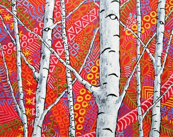 Sunset Sherbert Birch Forest (ORIGINAL ACRYLIC PAINTING) 8" x 10" by Mike Kraus - art birch aspen trees forests woods nature valentine's day