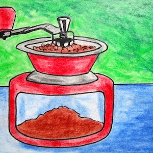 moedor de café #553 (cartão colecionável do artista) 6,35 cm x 8,89 cm por Mike Kraus - aceo atc Natal hanucá Chanucá eid feijões cafeteria