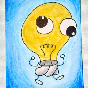 May include: A cartoon-style drawing of a yellow lightbulb with big eyes and a happy face. The lightbulb has arms and legs, set against a blue background. The artwork is hand-drawn with black outlines, giving it a playful appearance.
