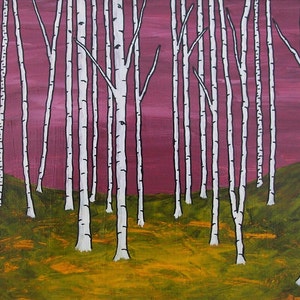 May include: A painting of a forest with white birch trees against a pink and purple sky. The trees are painted in a simple, stylized manner, with black outlines and white trunks. The background is a gradient of pink and purple, with a hint of orange at the bottom.