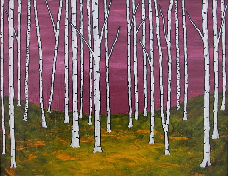 May include: A painting of a forest with white birch trees against a pink and purple sky. The trees are painted in a simple, stylized manner, with black outlines and white trunks. The background is a gradient of pink and purple, with a hint of orange at the bottom.