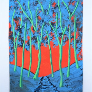 May include: A painting depicting a forest scene with a path leading through the trees. The trees are painted in shades of blue and green, and the sky is a bright orange. The path is painted in shades of blue.