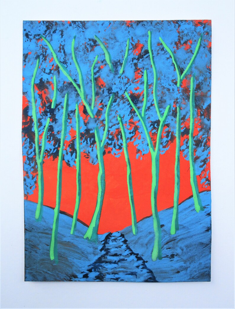 May include: A painting depicting a forest scene with a path leading through the trees. The trees are painted in shades of blue and green, and the sky is a bright orange. The path is painted in shades of blue.