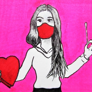 amor no tempo de COVID-19 # 411 (cartão colecionável do artista) 6,35 cm x 8,89 cm de Mike Kraus - arte aceo atc Dia dos namorados namorada